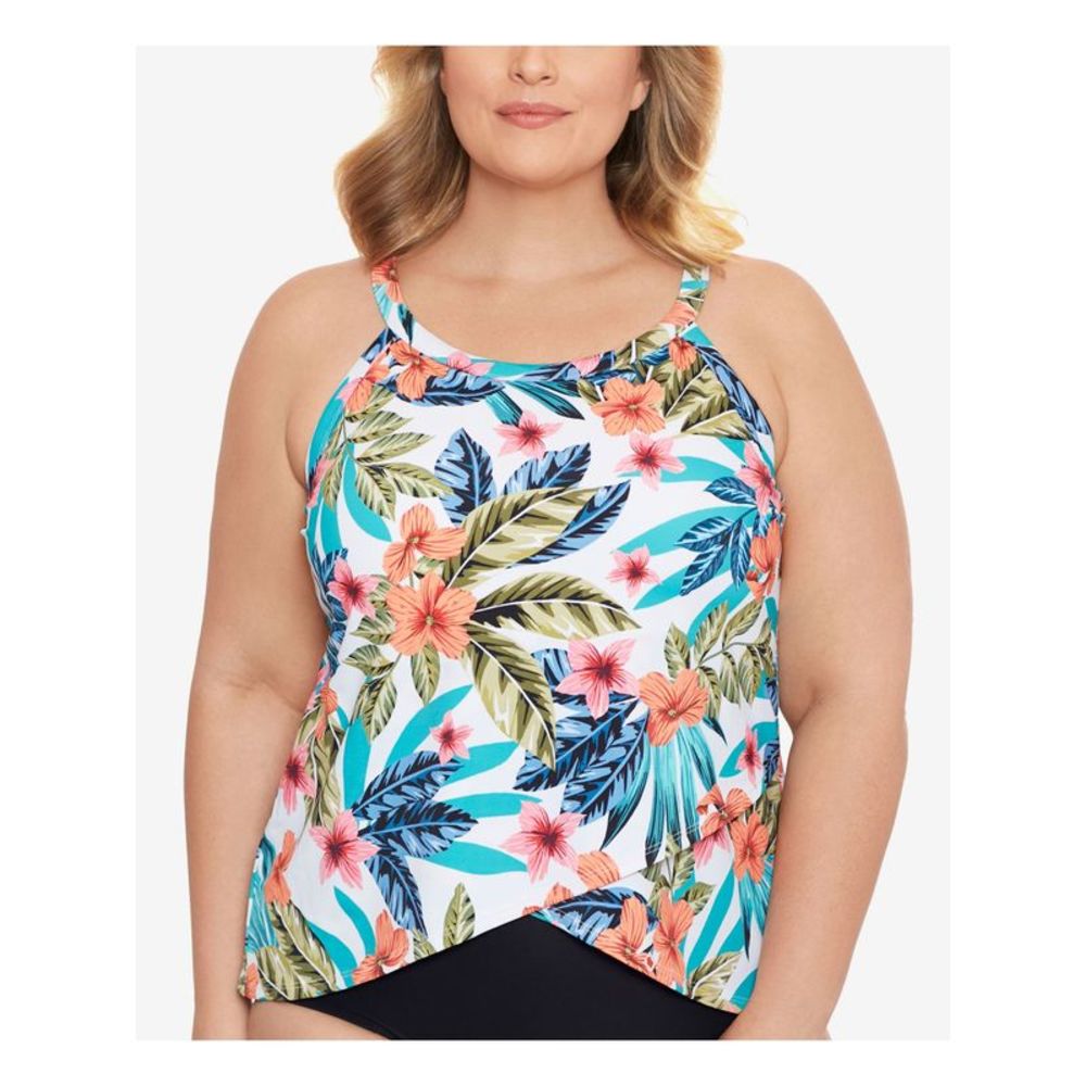 SWIM SOLUTIONS Women's White Tropical Print Montego Bay Tankini Swimsuit Top 20W